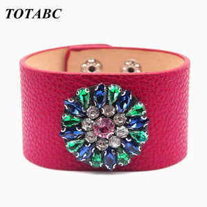Rhinestone Leather Bracelet Wide Wrap Hand Chain All-Match Jewelry