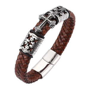 Vintage Braided Leather Men Bracelet with Cross Charms