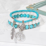 3Pcs Natural Stone Beads Bracelet Set Tree Of Life Feather Charm Bracelets