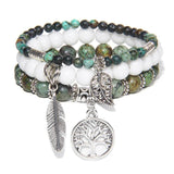3Pcs Natural Stone Beads Bracelet Set Tree Of Life Feather Charm Bracelets