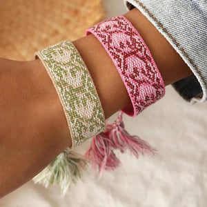 Retro Braided Fabric Bracelet Lace Up Tassel Rope Wrap Bracelet