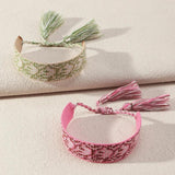 Retro Braided Fabric Bracelet Lace Up Tassel Rope Wrap Bracelet