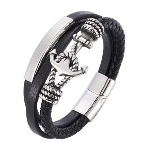 Men's Multilayer Leather Bracelet with Stainless Steel Anchor Clasp