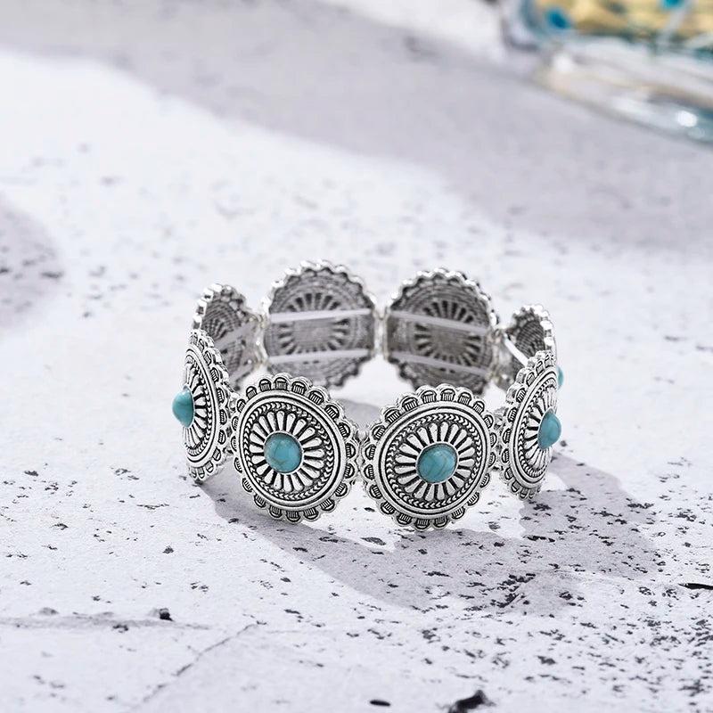Ethnic Acrylic Stone Flower Bracelet Vintage Silver Elastic Jewelry