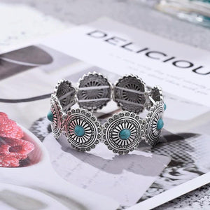 Ethnic Acrylic Stone Flower Bracelet Vintage Silver Elastic Jewelry