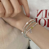 Colorful Crystal Pearl Bead Bracelet Silver Coin Charm Bracelet