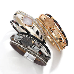 Leopard Charm Resin Stone Multilayer Leather Bracelet for Women