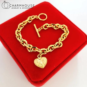 24K Yellow Plated Big Heart Tag Bracelet & Bangles Pulseira Femme