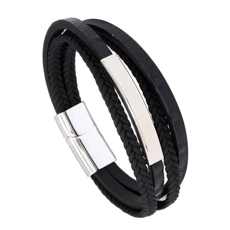 Men's Woven Leather Bracelet High Stainless Steel