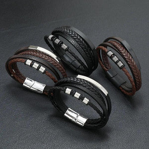 Men's Woven Leather Bracelet High Stainless Steel