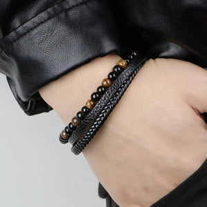 Men's Minimalist Leather Bracelet Multi-Layered Vintage Stone Wrist Band