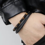 Men's Minimalist Leather Bracelet Multi-Layered Vintage Stone Wrist Band