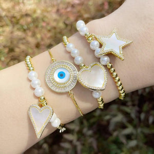 Plated Beads Bracelets for Women Shell Big Heart Pendant Evil Eye Bracelet