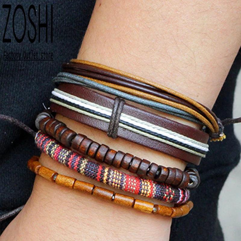 5pcs Ethnic Wood Beads Charm Leather Bracelets Vintage Jewelry Accessories