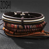 5pcs Ethnic Wood Beads Charm Leather Bracelets Vintage Jewelry Accessories