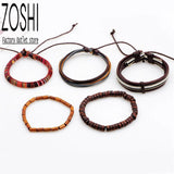 5pcs Ethnic Wood Beads Charm Leather Bracelets Vintage Jewelry Accessories