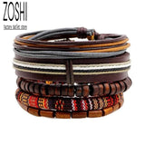 5pcs Ethnic Wood Beads Charm Leather Bracelets Vintage Jewelry Accessories