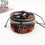5pcs Ethnic Wood Beads Charm Leather Bracelets Vintage Jewelry Accessories