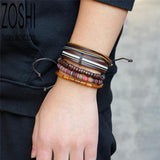 5pcs Ethnic Wood Beads Charm Leather Bracelets Vintage Jewelry Accessories