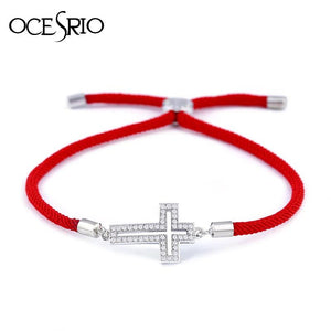 CZ Silver Cross Bracelet Red Thread Charm Adjustable Bangle
