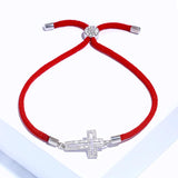 CZ Silver Cross Bracelet Red Thread Charm Adjustable Bangle