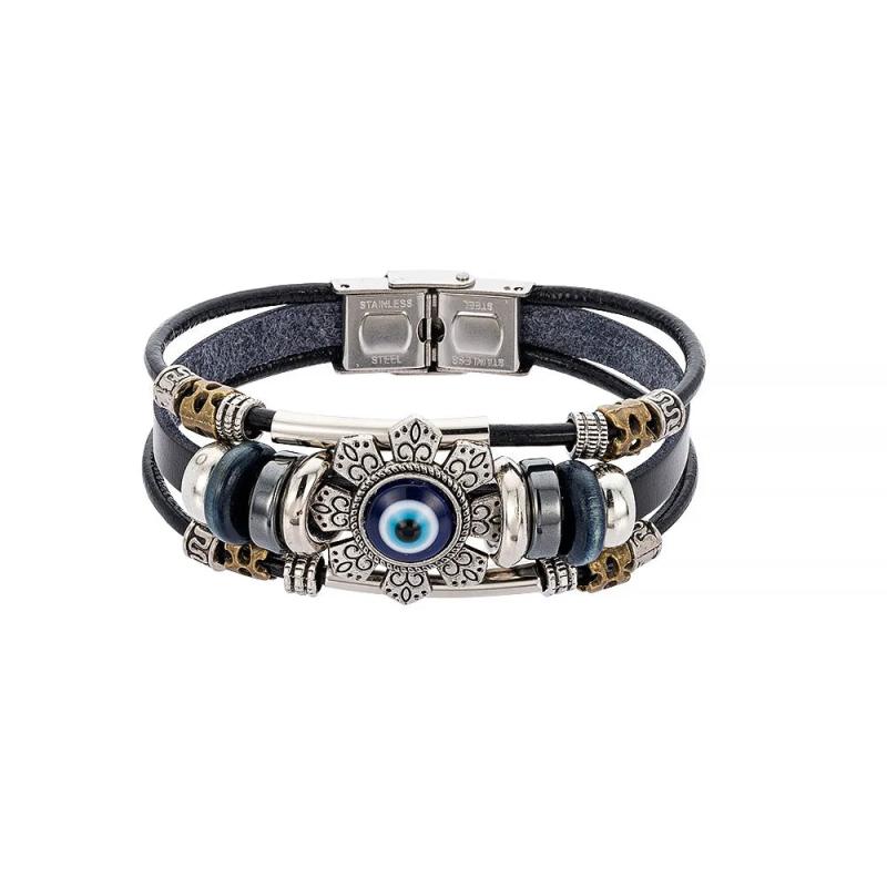 Multilayer Leather Bracelet Eye Flower Charm Bracelet for Women Men
