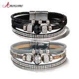 Boho Leather Wrap Cuff Bracelet Rhinestone Beads Sequins Magnetic Jewelry