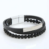 Stainless Steel Leather Bracelet Stone Bead Men's Jewelry Gift