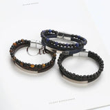 Stainless Steel Leather Bracelet Stone Bead Men's Jewelry Gift