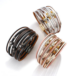 Boho Wrap Bracelet Leather Cuff Bangle with Magnet Clasp