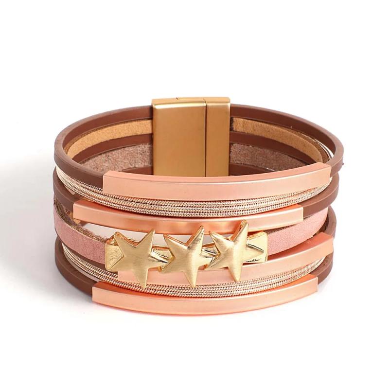 Pink Leather Bracelet for Women Multilayer Heart Star Wrap