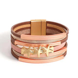 Pink Leather Bracelet for Women Multilayer Heart Star Wrap