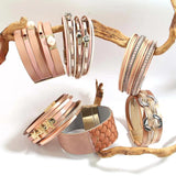 Pink Leather Bracelet for Women Multilayer Heart Star Wrap