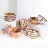 Pink Leather Bracelet for Women Multilayer Heart Star Wrap