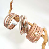 Pink Leather Bracelet for Women Multilayer Heart Star Wrap