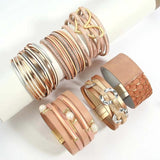 Pink Leather Bracelet for Women Multilayer Heart Star Wrap