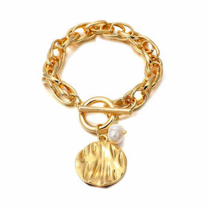 Chunky Thick Chain Bracelet with Pearl Charm Statement Unisex Jewelry