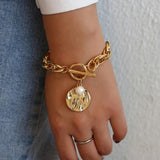 Chunky Thick Chain Bracelet with Pearl Charm Statement Unisex Jewelry