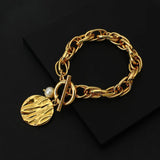 Chunky Thick Chain Bracelet with Pearl Charm Statement Unisex Jewelry
