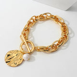 Chunky Thick Chain Bracelet with Pearl Charm Statement Unisex Jewelry