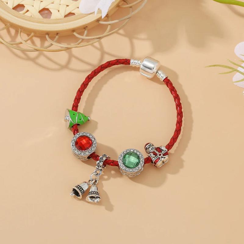 Silver Bell Pendant Red Leather Bracelets For Women Christmas