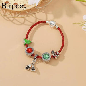 Silver Bell Pendant Red Leather Bracelets For Women Christmas