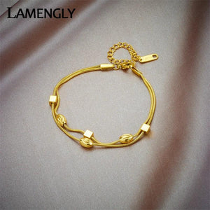316L Stainless Steel Cube Beads Charm Bracelet 2in1 Chain Bangles