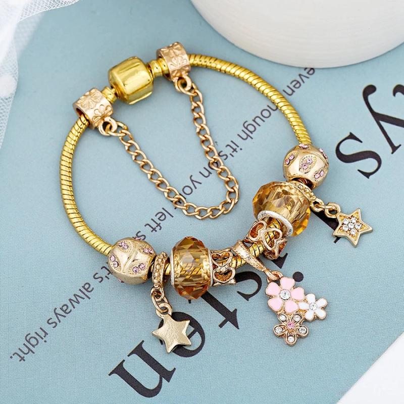 Pink Daisy Flowers Charm Bracelet Pink Crystal Beads Bangle