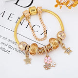 Pink Daisy Flowers Charm Bracelet Pink Crystal Beads Bangle