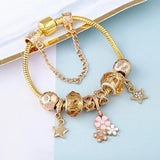 Pink Daisy Flowers Charm Bracelet Pink Crystal Beads Bangle