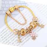Pink Daisy Flowers Charm Bracelet Pink Crystal Beads Bangle