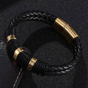 Men's Double Braided Leather Bracelet with Magnet Clasp