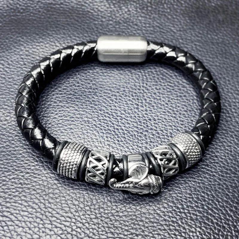 Punk Men Jewelry Weave Leather Bracelet Elephant Stainless Steel Bangle