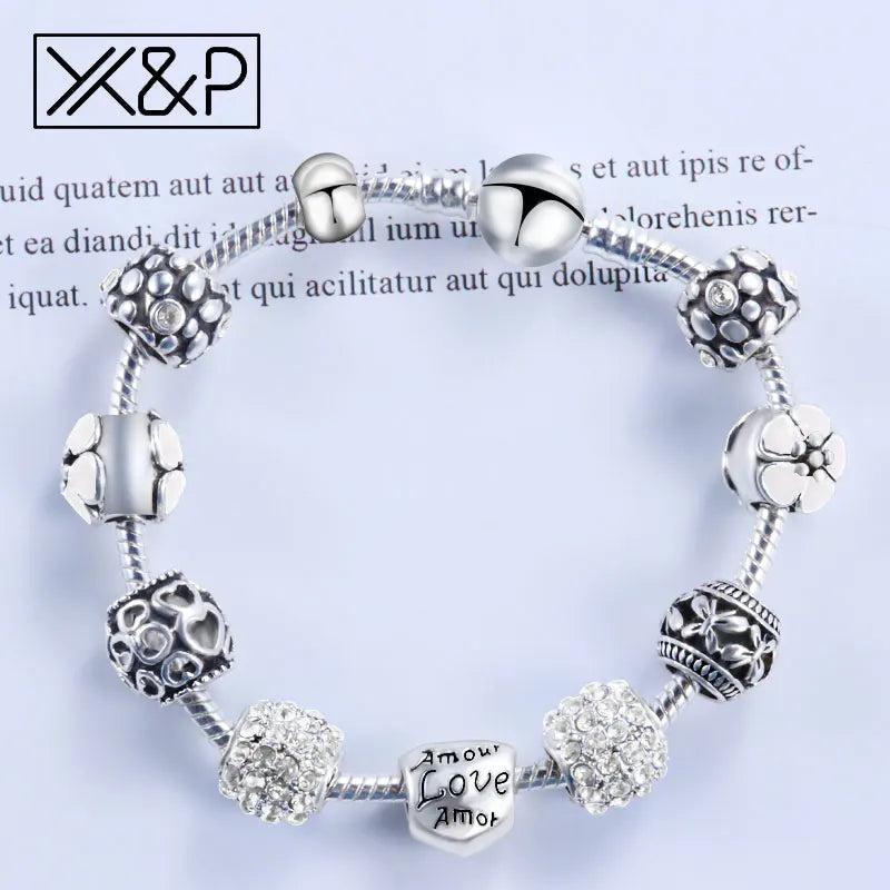 Antique Silver Crystal Charm Bracelet Wedding Zircon Snake Chain Jewelry